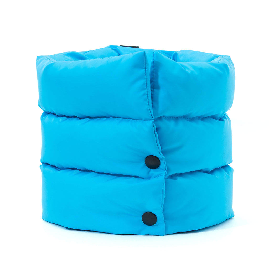 EC2A blue duck down puffer scarf, front view