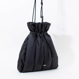 EC2A black duck down puffer drawstring handbag, quarter side view