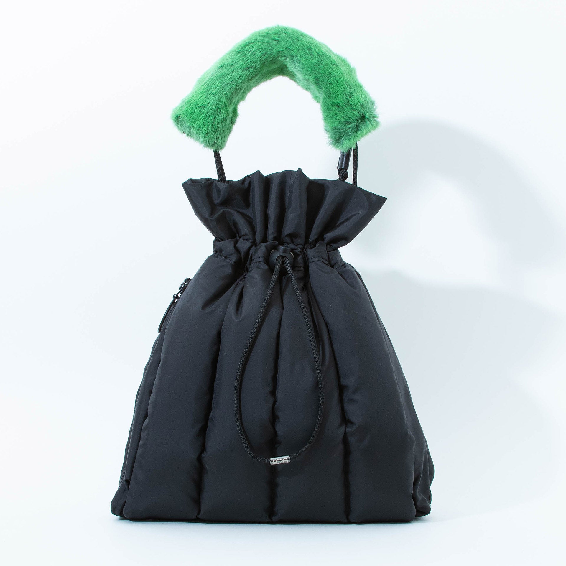 EC2A black duck down puffer drawstring bag with short handle green caterpillar shoulder accessory