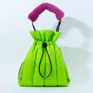 EC2A lime green duck down puffer drawstring bag with short handle pink caterpillar shoulder accessory