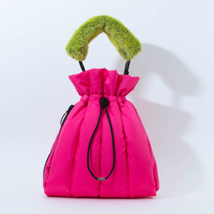 EC2A pink duck down puffer drawstring bag with short handle lime caterpillar shoulder accessory