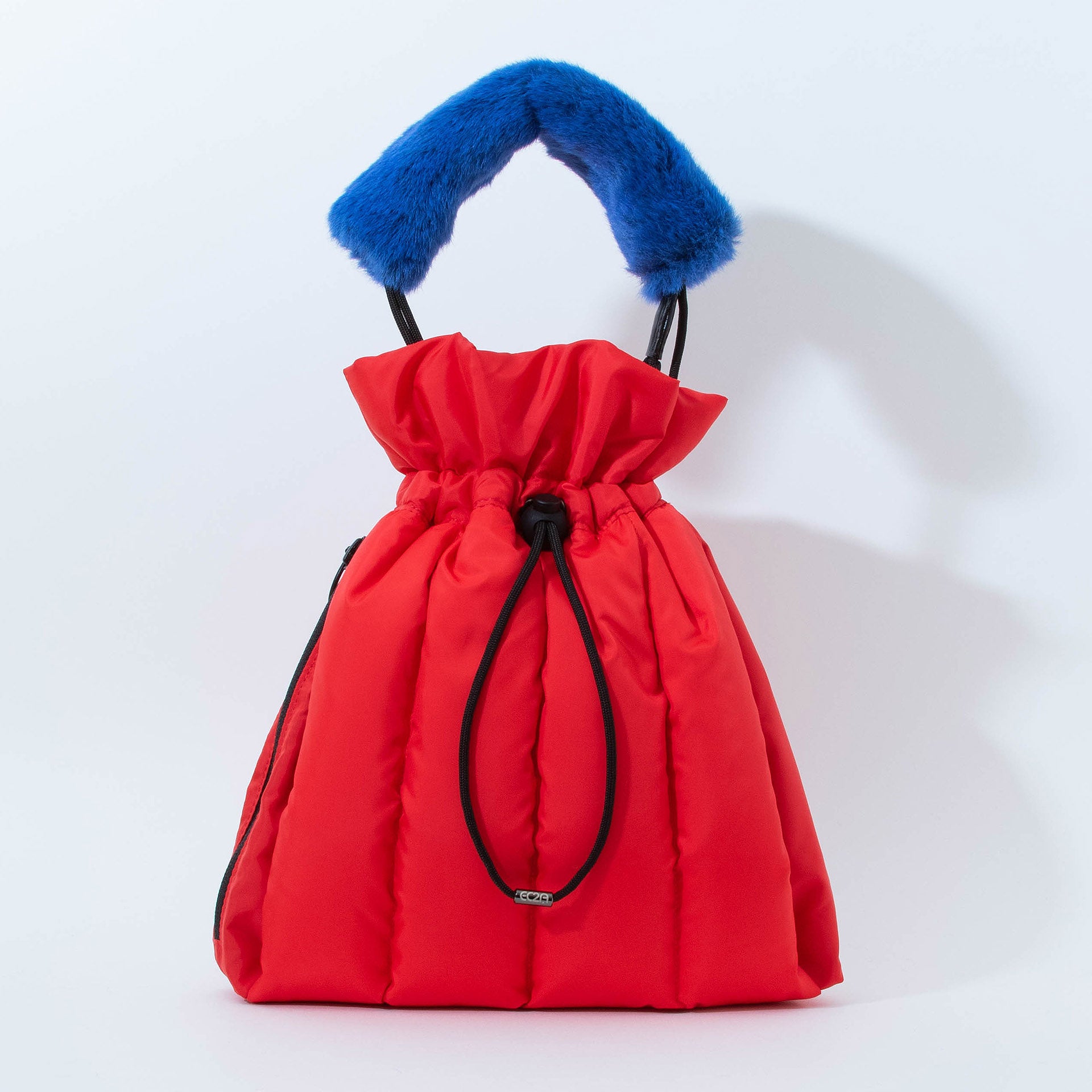 EC2A red duck down puffer drawstring bag with short handle blue caterpillar shoulder accessory