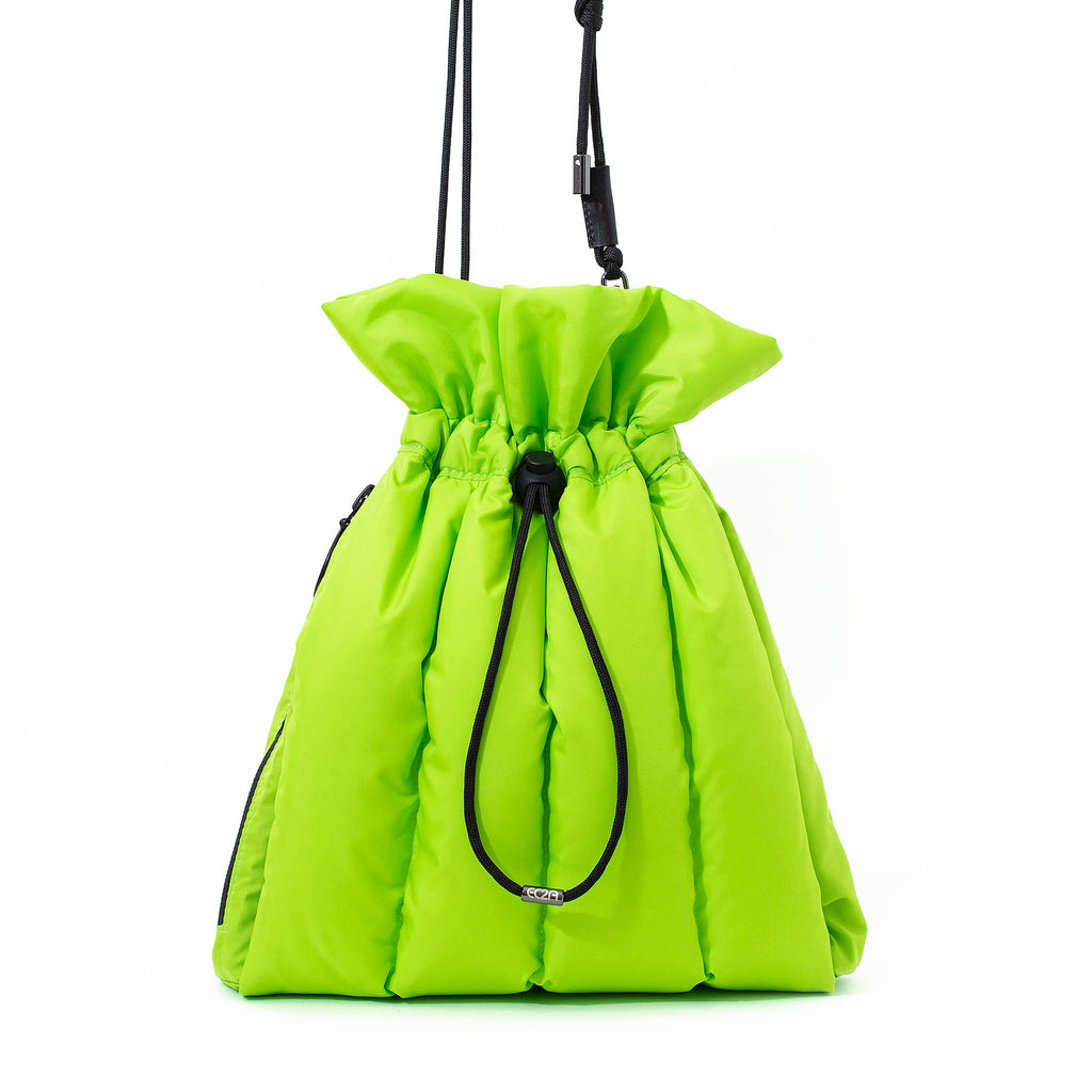EC2A lime green duck down puffer drawstring handbag, front view