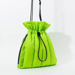 EC2A lime green duck down puffer drawstring handbag, quarter side view