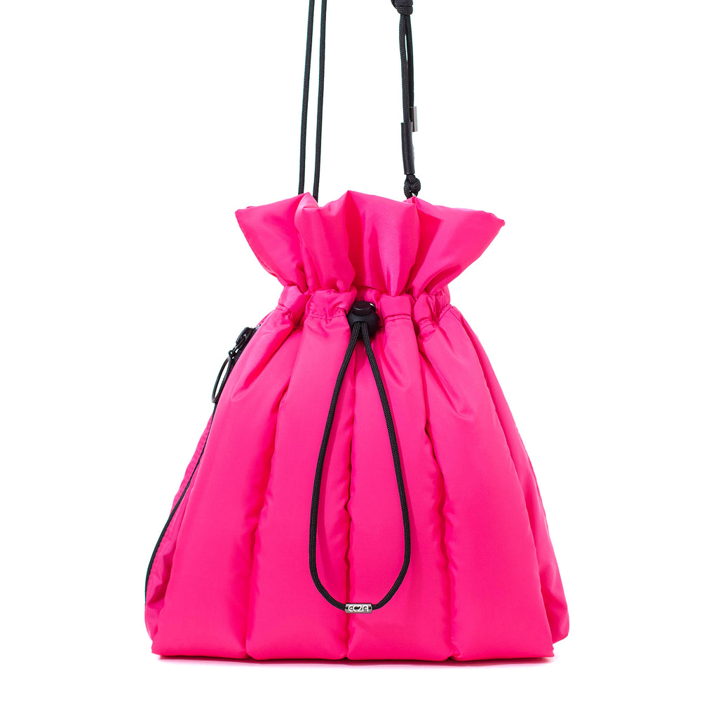 EC2A pink duck down puffer drawstring handbag, front view