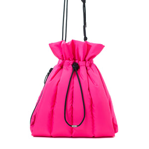 EC2A pink duck down puffer drawstring handbag, front view