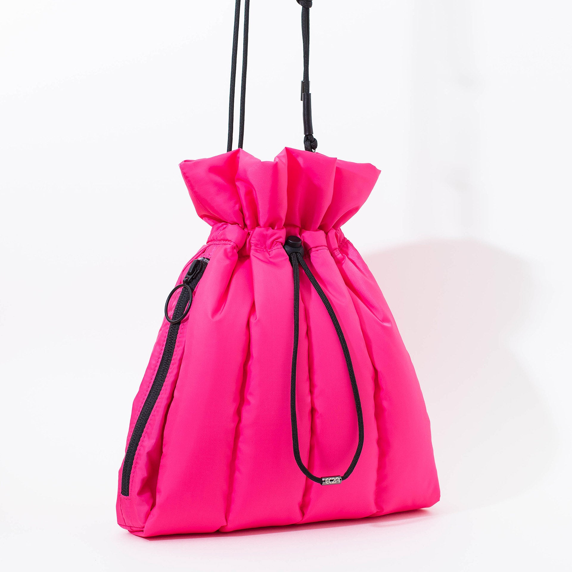 EC2A pink duck down puffer drawstring handbag, quarter side view