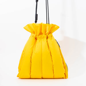 EC2A yellow duck down puffer drawstring handbag, back view